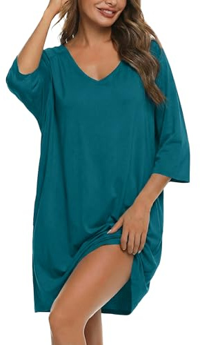 Bresdk Camisón Oversize de Manga Corta para Mujer en Algodón con Escote en V - Tallas Grandes para Dormir en Casa