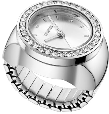 TIME100 Reloj Anillo Mujer con 6 Biseles Intercambiables, Movimiento Cuarzo Analógico 3 Agujas, Banda Elástica Talla Única, Oro Rosa Plata, Caja de Regalo