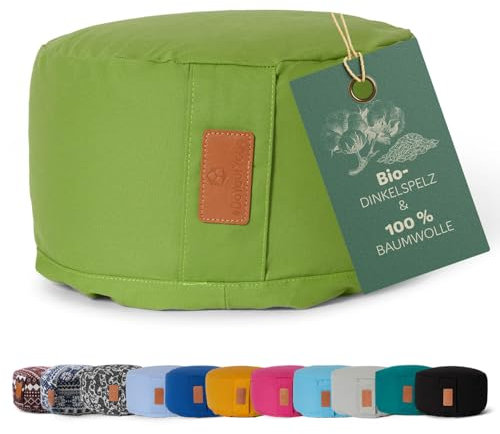 #DoYourYoga Yogabolster Vishnu Redondo con cáscaras de espelta orgánica - Cojín de meditación, Yin Yoga y Pilates - Funda Lavable de algodón 100% - 30 x 15 cm/Verde Claro