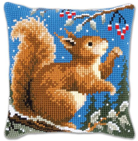 Vervaco Kreuzstich Stickpackungen Kissen Stickerei Set Anfänger Vorgedruckt Eichhörnchen im Winter DIY Set Kreativ Set Für Erwachseneca. 40 x 40 cm Bastelset Handwerker Haus Dekoration