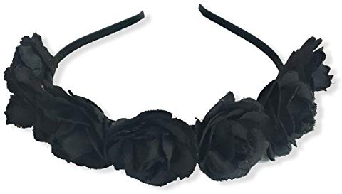 Rose Garland on Headband Women Girls Crown Halloween Sugar Skull Velvet Fabric Alice Band (Black)