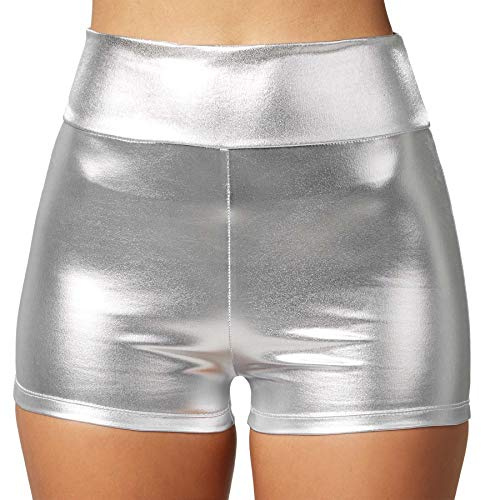 dressforfun 901007 Damen Metallic Hotpants, glänzende Shorts mit hoher Taille, eng anliegende Kurze Hose für Tanz Sport Disco Kostüm Fasching Karneval - Diverse Größen -