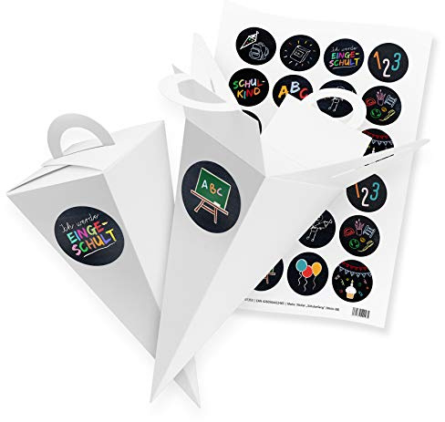 itenga 24x Geschenktüte Gastgeschenk Schultüte Weiß 21 cm mit Stickerbogen Aufkleber Schulanfang Einschulung