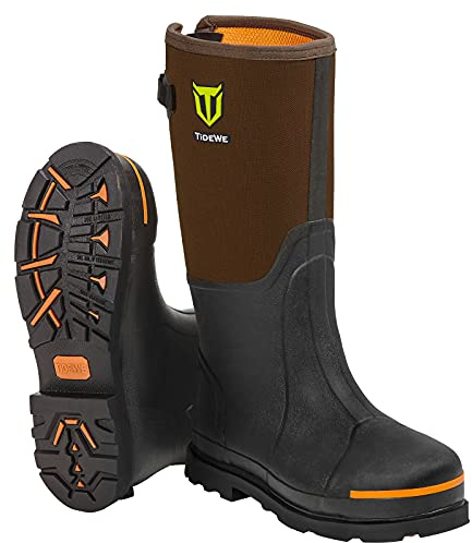 TIDEWE Rubber Work Boot for Men with Steel Toe & Shank, Waterproof Anti Slip Hunting Boot, 6mm Neoprene Hunting Boot for Manufacturing, Construction, Farming, Brown, Size 8