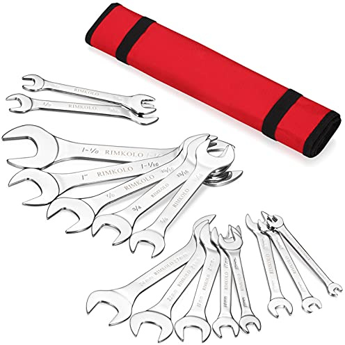 RIMKOLO Super-Thin Open End Wrench Set, 16-Piece SAE & Metric 3/8 to 1-1/4 and 5.5mm to 27mm Chrome Vanadium Steel Wrench Set with Rolling Pouch