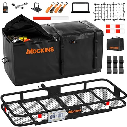 Mockins 60x24x6 Heavy Duty Trailer Hitch Cargo Carrier & 25 CuFt Waterproof Cargo Bag for Hitch Carrier | 500 Lbs. Capacity Folding Luggage Rack for SUV Car Truck with Plate Bracket & Accessories