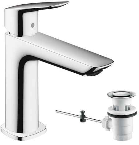 hansgrohe Logis - Rubinetto per lavabo con scarico a tirante, Miscelatore lavabo risparmio idrico (EcoSmart) con altezza bocca 110 mm, cromo, 71251000