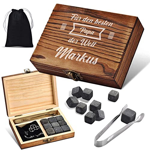 polar-effekt Set di 4 Pietre refrigeranti con Incisione Personalizzata, con 9 Pietre refrigeranti, 1 Pinza e 1 Custodia, 1 Scatola di Legno – cubetti di Ghiaccio riutilizzabili