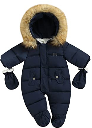 Geagodelia Combinaisons à Glissière pour Enfants avec Gants, Combinaison à Capuche Hiver Barboteuse en Peluche de Couleur Unie avec Poches (Blu Marine, 9-12 Mois)