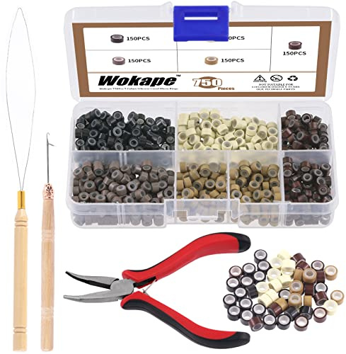 Wokape 753Pcs Hair Extension Tool Kit, 5 Colors Micro Silicone Rings Beads with Hair Extension Remove Pliers and Pulling Hook for Women Girls Hair Styling Accessories