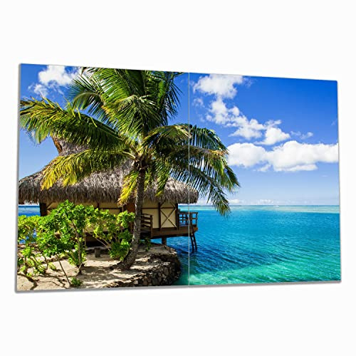 Wallario Herdabdeckplatte/Spritzschutz aus Glas, 2-teilig, 80x52cm, für Ceran- und Induktionsherde, Karibisches Meer Einsame Hütte unter Palmen