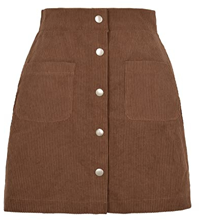 Kuukaas Cordkjol dam för höst och vinter, minikjol, A-linje, kort kjol, hög midja med fickor, S–XL, BRUN, M