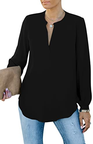 Homlan Blusa Elegante para Mujer, Cuello en V, Manga Larga, Informal, túnica, Camiseta de Manga Larga, Monocolor, Suelta, Negro, XXL