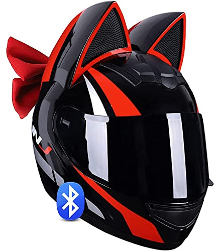 Girl Women'S Full Face Motorcycle Helmets,Cat Ear Bluetooth Helmet With Bow Tie Cool Full Face Motorbike Helmet With Sun Visor For Motocross Cruisers Racing ECE Certified