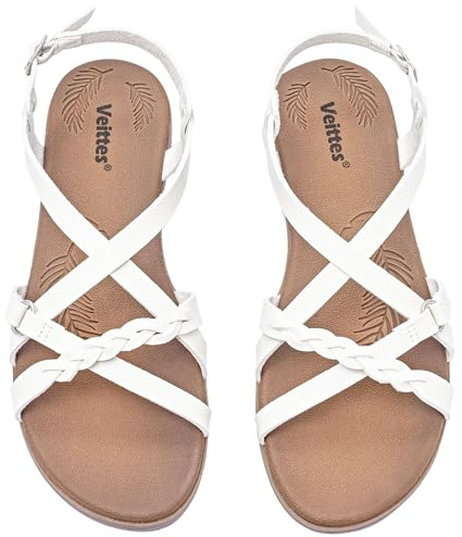 Veittes Women's Casual Flat Slide Sandals,Fashion Braided Cross Strap,Adjustable Ankle Straps, Open Toe Summer Sandals.(2207023,WT/MF,6.5 UK)