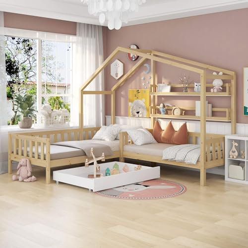 MQGPM Kinderbett Hausbett 90x200+140x70cm mit Schubladen und Regalen, Baumhausbett mit Lattenrost & L-Struktur Dachdekoration für Mädchen und Jungen Vielseitiges Bett für Spielendes Lernen reines