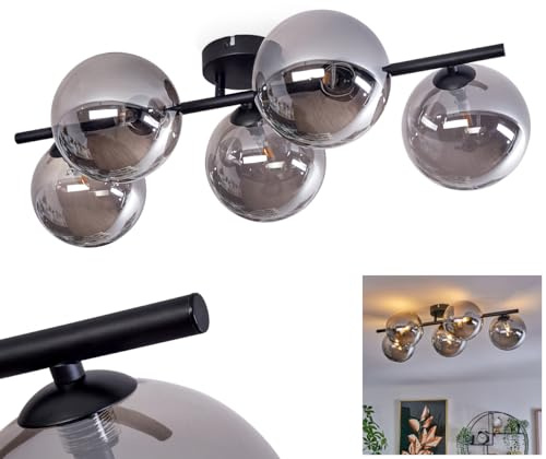 HOFSTEIN Deckenleuchte Chehalis, 5-flammige Deckenlampe aus Metall/Glas in Schwarz/Rauchfarben, moderne Leuchte im Retro/Vintage-Design, Ø Schirme 15 cm, G9, Esszimmer, Schlafzimmer, Wohnzimmer, Küche