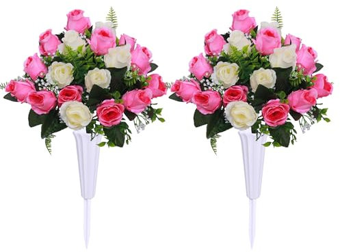 Hibsotco Set of 2 Artificial Cemetery Flowers with Vase,Grave Memorial Flowers,Artificial Rose Bouquet Decoration for Cemetery Headstones Gravesites (White & Pink, 2 Bouquets)