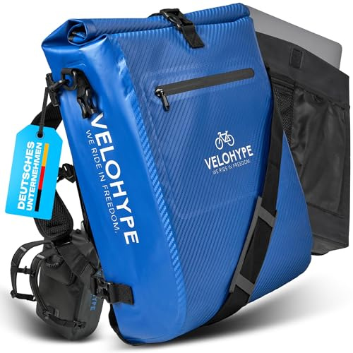 Velohype® 3in1 Fahrradtasche für Gepäckträger mit Rucksack Wasserdicht 25L I Gepäckträgertasche Reflektierend | mit Helmnetz | reißfestes Carbon-Hydroguard Material