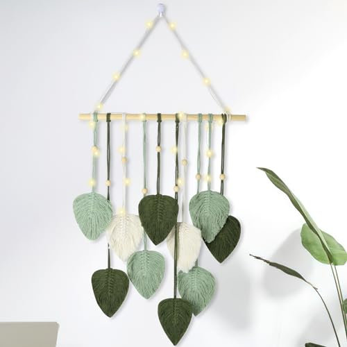 Tenture Murale en Macramé, Macramé Tenture Murale Boho Déco avec Perles en Bois et Feuilles Vertes, Macramé Décoration Murale Bohème avec Lumière LED pour Chambre à Coucher, Salon, Chambre D'enfant