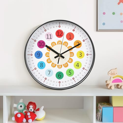 Warmiehomy Kinder Wanduhr Regenbogen Uhr Wand Groß 30cm Bunt Zahlen, Moderne Wanduhr ohne Tickgeräusche, lautlose Lernuhr, Geräuschlose Küchenuhren fürs Kinderzimmer Wohnzimmer Schlafzimmer Schwarz