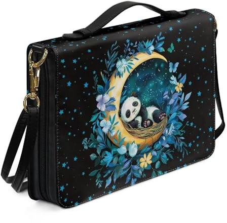 ZIATUBLES Bibelhülle aus PU-Leder, mit Schultergurt, für Damen und Herren, Schriftschutz, Vintage Flower Panda Moon, L