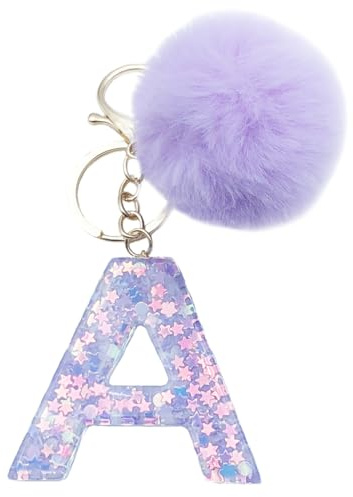 Xsclpomddy Frauen Alphabet Buchstaben Schlüsselanhänger Niedlich Schlüsselanhänger Glitzer mit Pom Pom Quasten Harz Keychain Violett für Tasche Charme