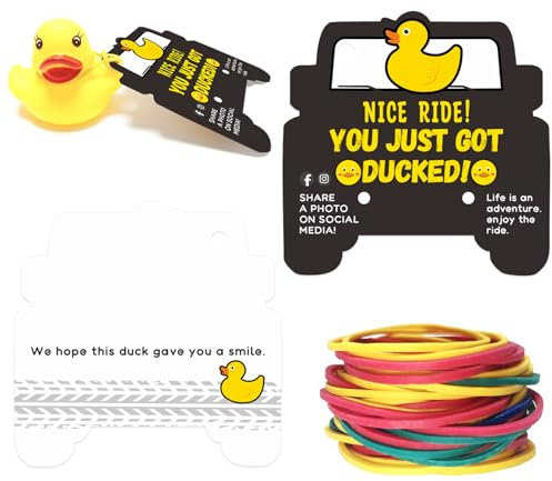 Dinggaogao Duck Tags 50 Pieces Duck Ducking Game Card Printed Car Duck Tags with Round Hole, 50 Rubber Bands, 2.91 x 2.87 Inches (Black)