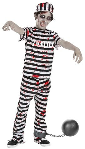 Funidelia Zombie-Sträflingskostüm mit Kugel für Jungen, inklusive Hose, T-Shirt, Mütze, Kugel und Kette - Dieb, Gefangener - Kostüm für Kinder für Partys, Karneval und Halloween - Größe 7-9 Jahre