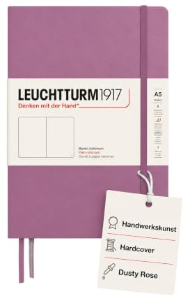 LEUCHTTURM1917 Notizbuch Medium A5 Hardcover, Blanko, Dusty Rose | 251 nummerierte Seiten, Fadenheftung, Falttasche, Verschlussgummi, Lesezeichen, säurefrei, 80 g/m²