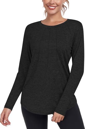 DUVOWE Damen Langarm Sportshirt,Funktionsshirt Laufshirt Locker Rundhalsausschnitt Long Sleeve T-Shirts, Workout Langarmshirt Fitness Oberteil