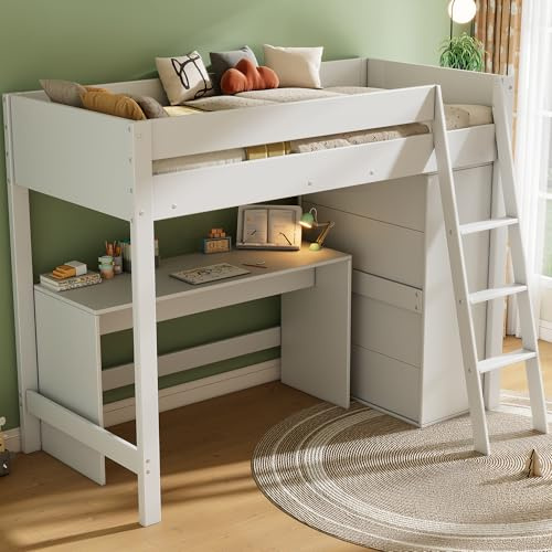 Dolamaní Hochbett Kinder 90x200 cm mit Schreibtisch und Schrank, Kinderbett mit Rausfallschutz, Massivholz Bettgestell (Weiß)