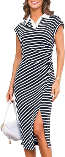 GRACE KARIN Vestido Casual Midi a Rayas para Mujer de Manga Corta con Cuello en V Vestido Tipo Camiseta Vestido Ajustado con Abertura, L