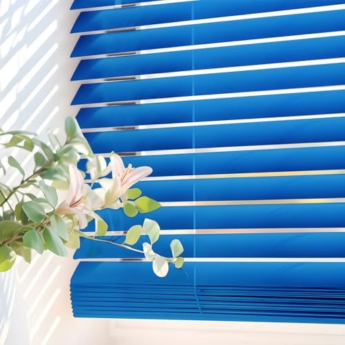 Jalousien für Fenster innen aus Vinyl-PVC auch für Türen 60x130 cm Blau | Einfache Montage mit Bohren an Wand oder Decke. Reguliert Licht und Sichtschutz. Selbstarretierender Schnurzug StoresDeco