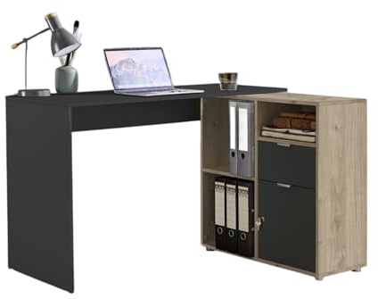 moebel-dich-auf Eckschreibtisch LUIZ Schreibtisch Winkelschreibtisch inkl. Regal spiegelverkehrt montierbar 110 cm breit (anthrazit/Jackson Hickory)