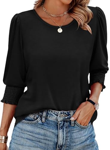 Aokosor 3/4 Sleeve Tops for Women UK Summer T Shirts | Blouses for Women, Womens Tops Dressy Causal, Crew Neck, Puff Sleeve, Elastic Cuff, Curved Hem,Loose Fit