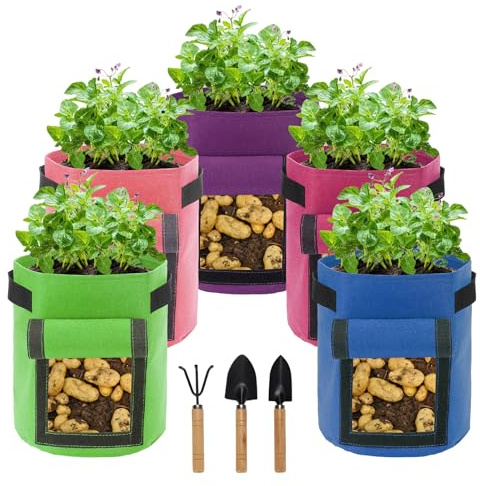 5 Pack 10 Gallon Potato Grow Bag, Potato Planting Bag, Colorful Plant Grow Bags with Handles, Garden Planter Pots with Harvest Window for Potatoes, Carrots, Tomatoes with Tools, Mixed Color 1