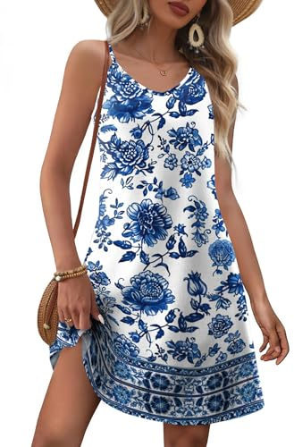 EIRUKON Robe D'été Femme sans Manches Col V Boheme Robe de Plage Chic et Elegant Mini Robes Fleurie Décontractée Bretelles Spaghetti Tunique Robes avec Poches,Bleu Blanc,M