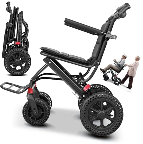 ZQHQKJ Silla de ruedas de transporte de silla de ruedas ligera plegable para personas mayores, marco de aluminio, carga de hasta 150 kg, con freno, silla de viaje ultra pesada para vivir y al aire