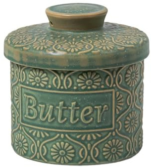 Vintage Keramik Butterdose mit Deckel Französische Butterdose, Butterglocke Mit Keramikdeckel, Geschirrspülmaschinensichere Butterfass, Butterbehälter Mit Wasserlinie, Butter Auftragbar 6.7OZ (Grün)