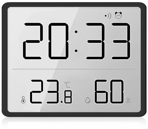 GOEDCH Termometro digitale igrometro sveglia: LCD digitale piccola sveglia con supporto magnetico, display della temperatura, orologio dell'umidità, funzionamento a batteria per casa, ufficio