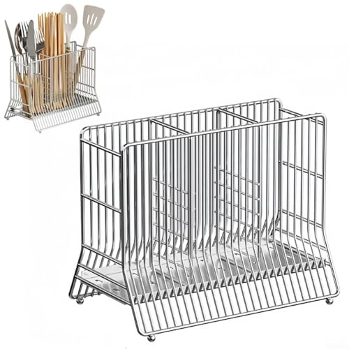TONIXY Cutlery Drainer,Stainless Steel Utensil Holder With 3 Compartments Kitchen Silverware Drying Rack Countertop Organiser