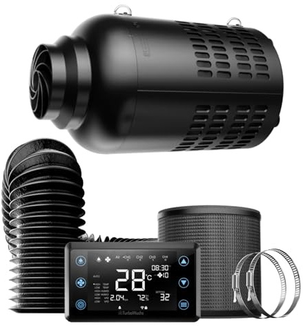 TURBOWUCHS 100mm Rohrventilator Rohrlüfter, Lüfter Mit Feuchtigkeitssensor, Aktivkohlefilter, 10-Gang Intelligent Ventilator, EU-Stecker Belüftung Für Growzelt Küche Bad Keller Gewächshaus