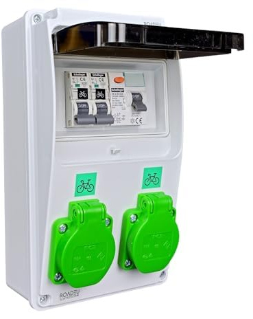 RoadEU Quadro elettrico da parete per E-Bike | 2 prese verdi dedicate | Interruttore differenziale Tipo A & IP44