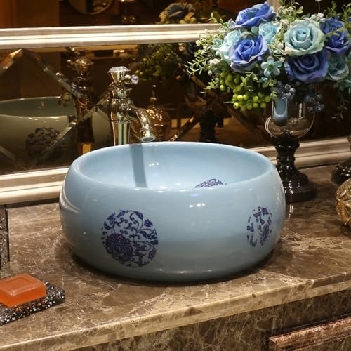 CYQQRDZSW Lavabi da Appoggio in Ceramica per Bagno con Rubinetto Dorato, Lavandino Bagno da 15,3/39 Cm, Lavatoio Rotondo per Hotel, Club, Casa