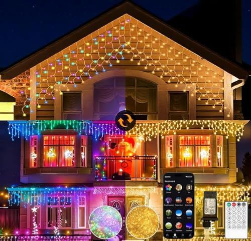 UCMDA Luci Natale da Esterno Cascata 15M 660L - Luci Natale Esterno Bianco Caldo e RGB, Tenda Luci Natale Esterno con APP e Telecomando, 17 Modalità, 4 Luminosità, Timer, Decorazioni Natale Esterno