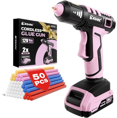 EZARC Cordless Hot Glue Gun, 15s Fast Heating 12V Mini Glue Gun for DIY Crafts, Home Repairs, School Projects, Decorations, with 50 Mini Glue Sticks, Pink