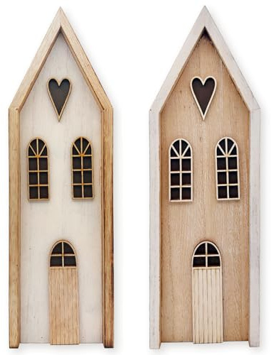 Dekohäuser aus Holz, 2er Set: Dekofiguren Haus, Figuren Weihnachten, Advent & Winter, Deko-Häuser zum Hinstellen, Tischdeko Holzfigur Groß, Weihnachtsdeko Innen, Holzdeko-Figur, Natur & Weiß, 28,5 cm