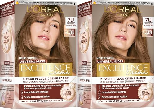 L'Oréal Paris Permanente Haarfarbe für jeden Hautton, Coloration ohne Ammoniak, Universale Nude-Töne mit vollständiger Grauhaarabdeckung, Excellence Creme, Nr. 7U Mittelblond (Blond), 1 Stück