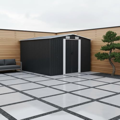 Gerätehaus Metall 257x298x178 cm Anthrazit, Geräteschuppen Die Hütte Mit Doppel-Schiebetüren Und Belüftung, Gartenhaus Metall Mit Boden Für Gartenwerkzeuge
